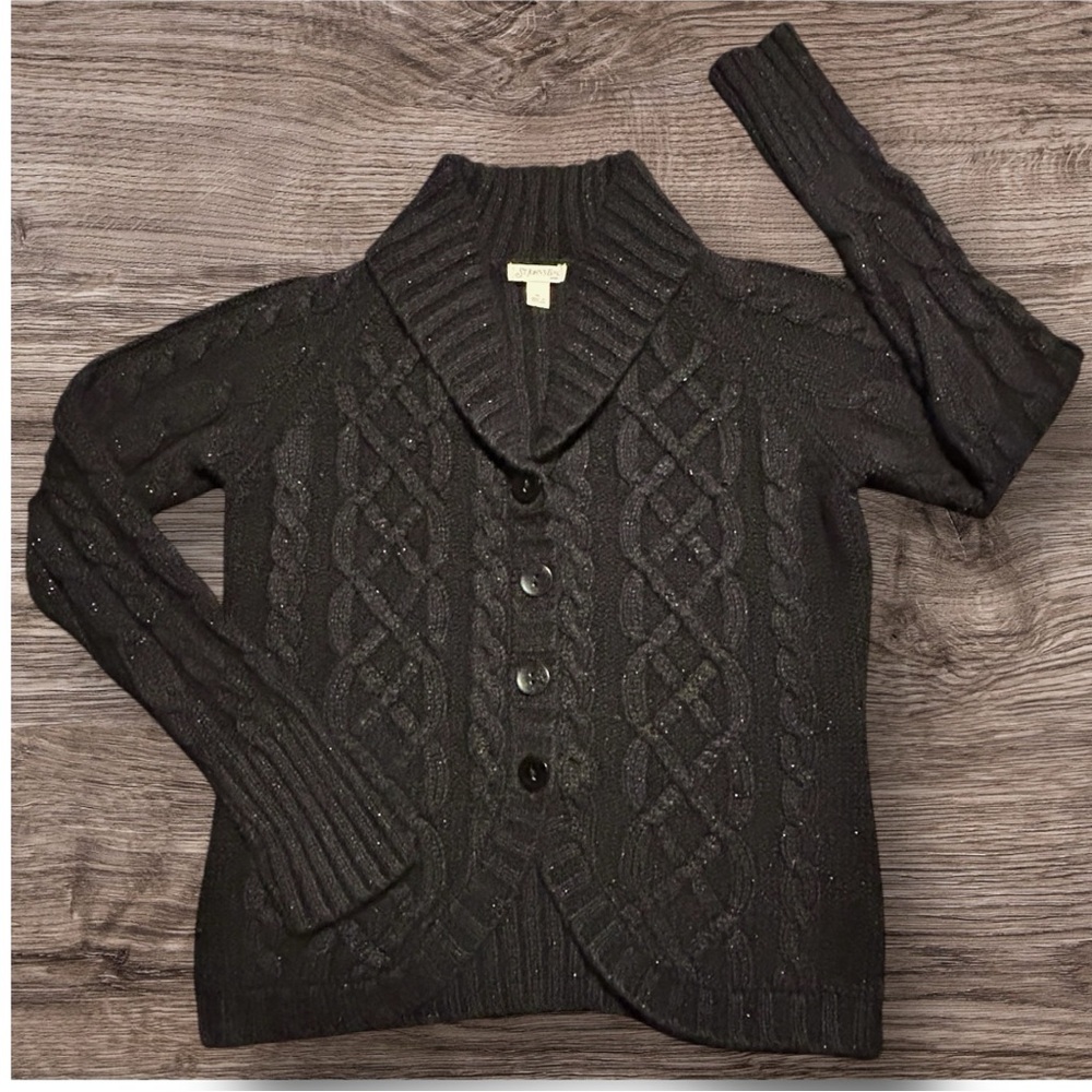 VTG 90s/Y2K St. John's Bay Black Cable Knit Cardigan Sweater with Gold Sparkle
